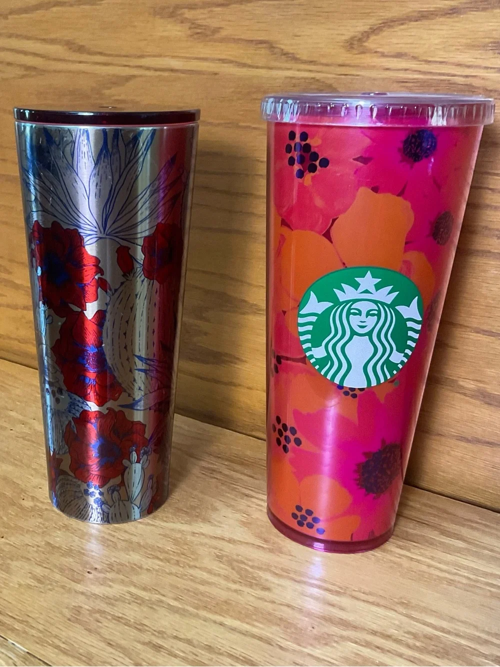 Starbucks Set 2 Venti Tumblers Cactus Floral Metal + Poppy  Reusable Cup 24 oz